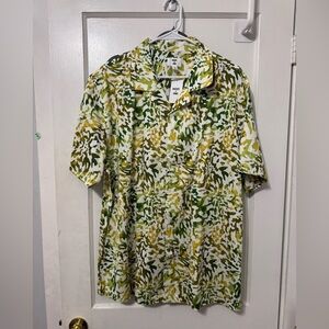 Mode of One Seasonal Wovens Green and Yellow Mens XL Abstract CamoLeaf Print Top